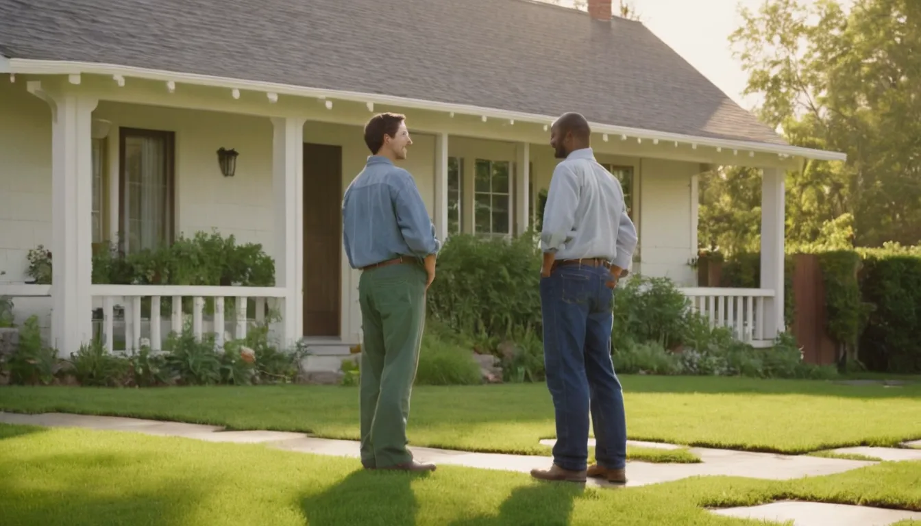 A homeowner talking with a septic provider beside a ranch house in the Cahokia Heights area